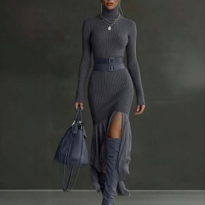 Knit Asymmetric Neck Elegant Midi Dress