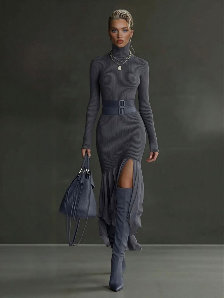Knit Asymmetric Neck Elegant Midi Dress