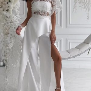 Lace Slit Wide-Leg Elegant Two-Piece Set