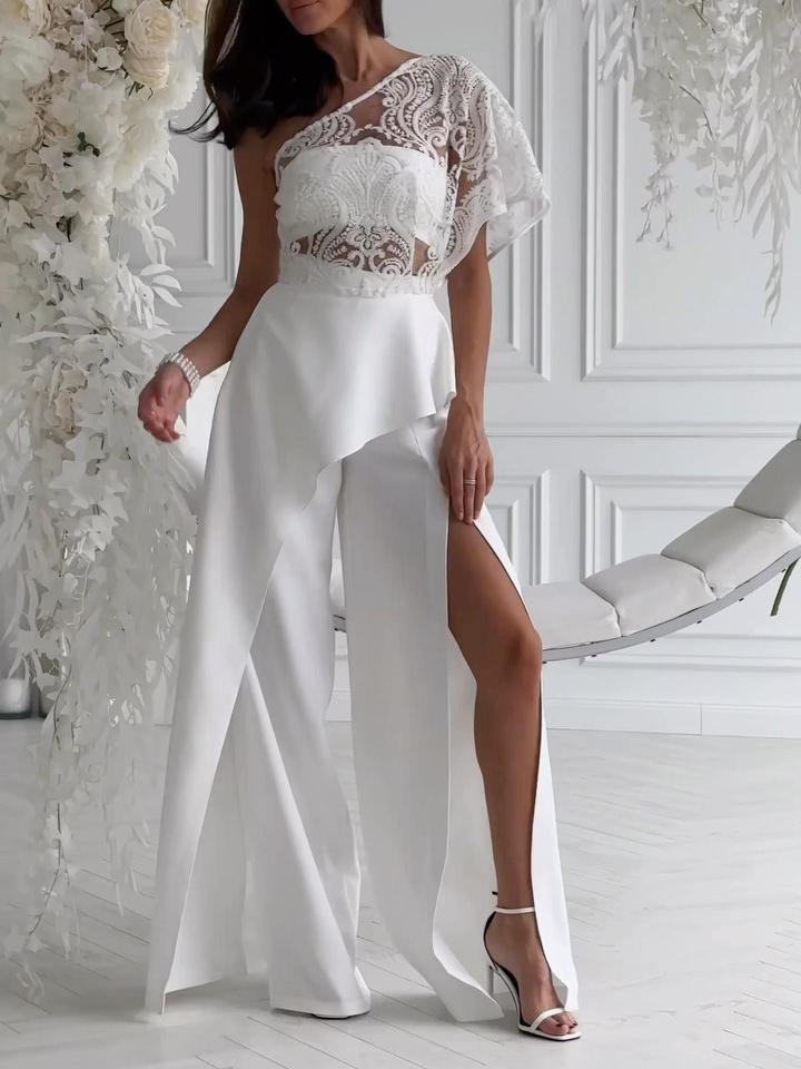 Lace Slit Wide-Leg Elegant Two-Piece Set