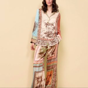 Printed Floral Satin Wide-Leg Two-Piece Set