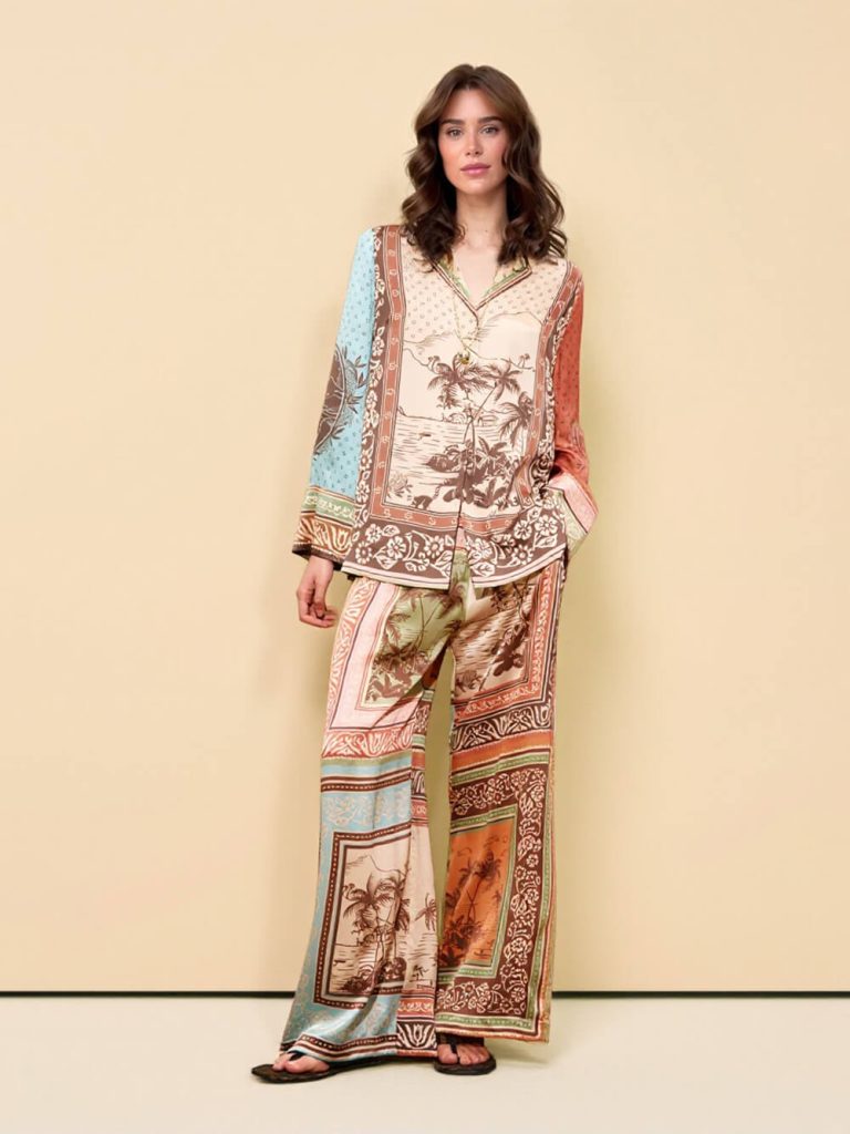 Printed Floral Satin Wide-Leg Two-Piece Set